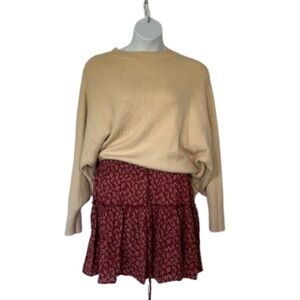 Women's Plus Size Elastic Waist Mini Skater Skirt Patterned Burgundy Ditsy 1X
